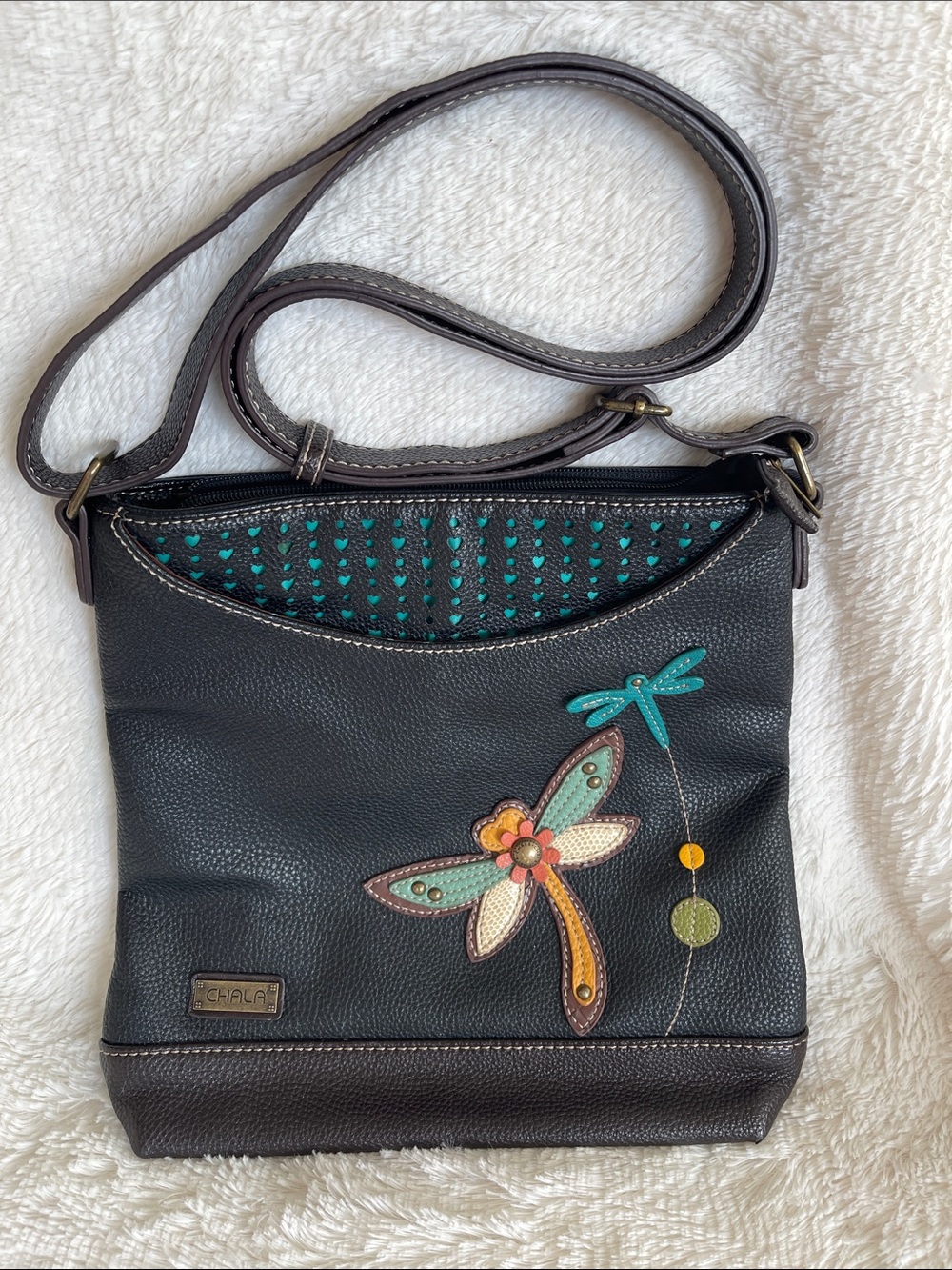 Chala Black Crossbody Bag with Turquoise & Multicolor Dragonfly Applique